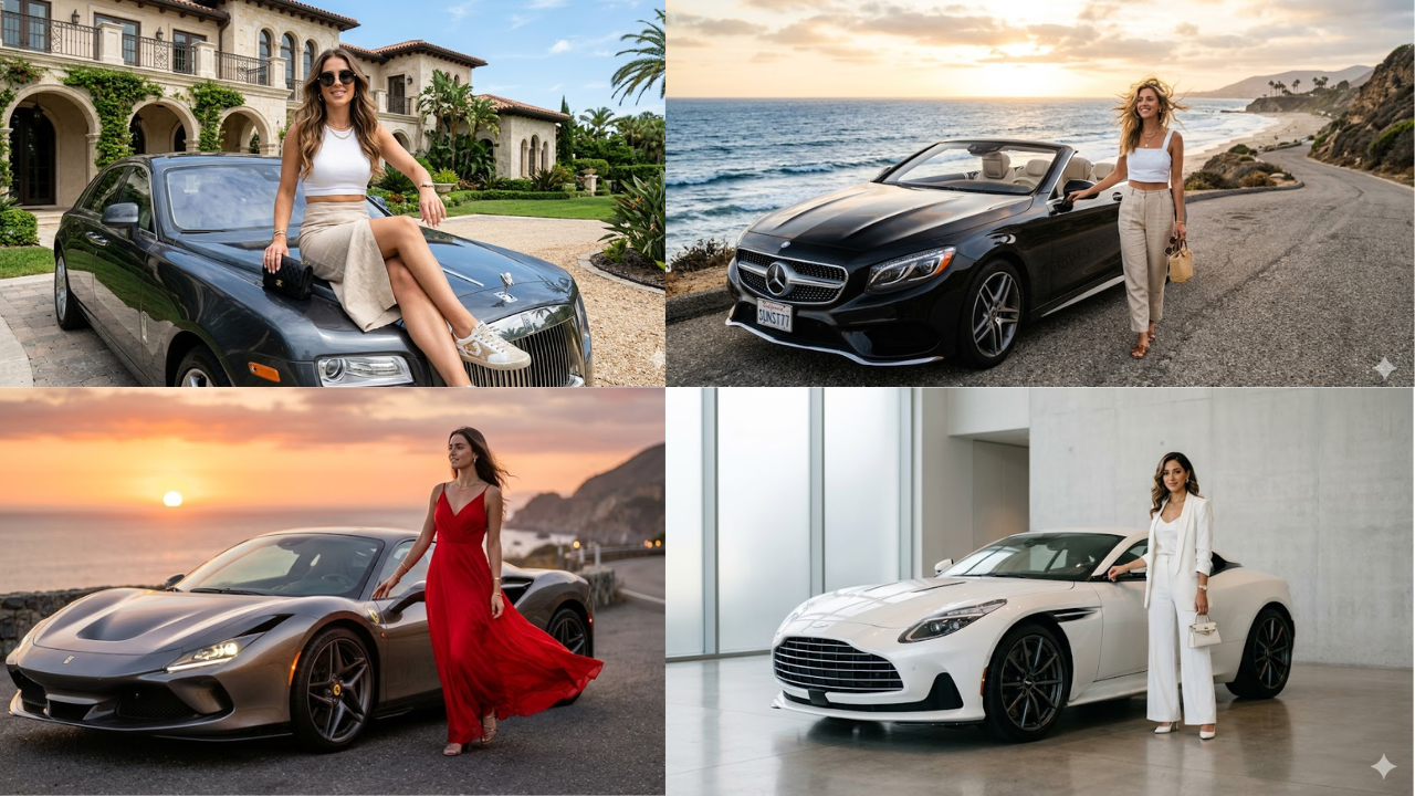 Stylish Young Woman Luxury Car AI Prompts
